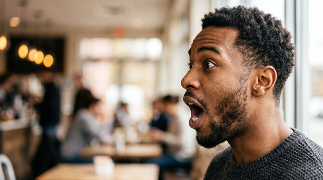 Profile view of a Young good-looking black African-American man on the right of the image with an open mouth showing surprise or shock