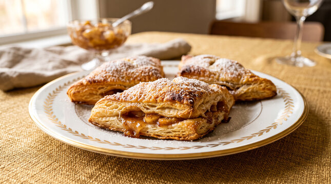 Puff pastry apple pastry turnovers for dessert on a white, gold trimmed serving plate on a golden tablecloth