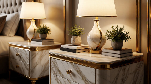 Elegant marble bedside tables with gold trim hold lamps books small plants. Luxurious bedroom furniture creates cozy warm ambiance with soft lighting and opulent decor.