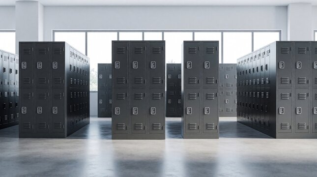 Rows of dark grey metal lockers stand in a bright, modern room. Uniform cabinets create a clean, minimalistic background suitable for storage concepts like schools or gyms.
