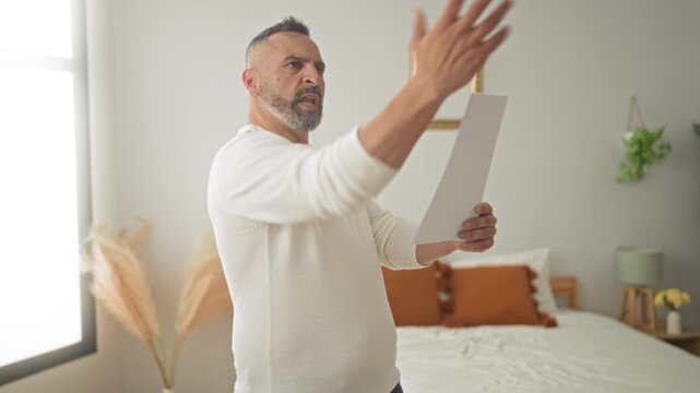 Man holds and points finger at a sheet of paper while reading aloud and gesturing with a fist in a bedroom inside a building, near a bed and window; determination.