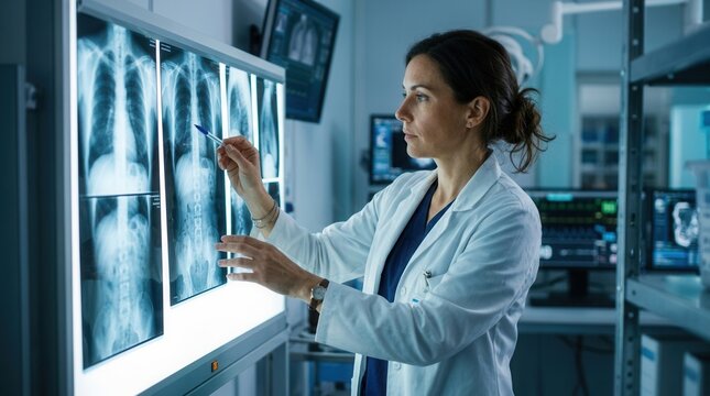 Medical Professional Examines X-Rays In Modern Diagnostic Room