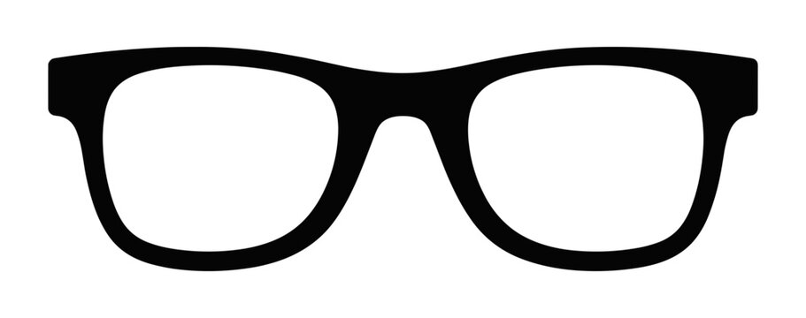 Black silhouette of thick rimmed wayfarer style eyeglasses on a white background