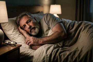 Fototapeta premium Middle aged man with grey beard lies awake in bed at night. Looks stressed, tired suffering from insomnia. Sad expression on face shows mental health struggle, exhaustion during sleepless night in