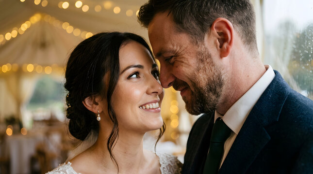 Jeunes mari&eacute;s front contre front lors de la r&eacute;ception de mariage