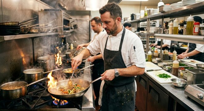 Professional chef cooking in a busy commercial restaurant kitchen