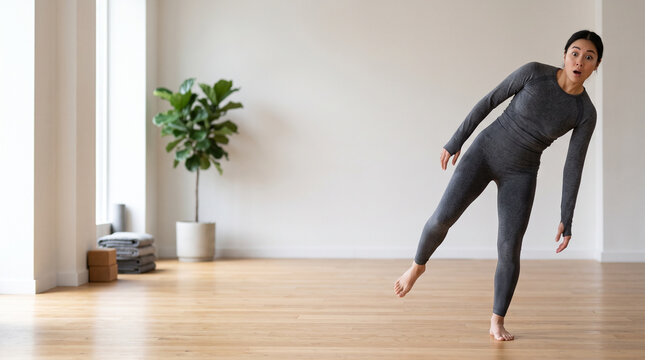 Asian woman losing balance and stumbling during yoga workout. Athlete falling in studio exercise session. Physical instability and clumsy movement training concept. Fitness mishap.