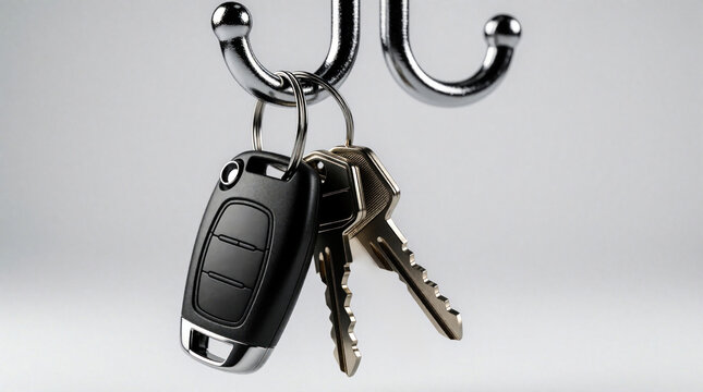 Close up of car keys hanging on metal wall hook. Black modern remote key fob with buttons, two silver metal keys on keyring. Set of automotive keys for vehicle access, security on plain grey