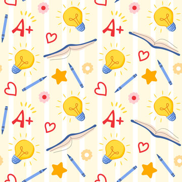 Seamless pattern with light bulb, hearts, stars, pencils, flowers and notebooks. Striped children's background.