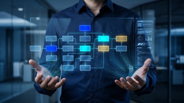 Futuristic enterprise architecture concept featuring transparent workflow modules, digital connections, and corporate process optimization