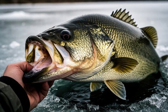 Man holds big bass fish caught ice fishing winter lake. Close up of open mouth freshwater predator, frozen water surface. Successful angling hobby, cold weather sport, nature.