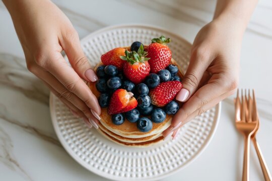 Hands placing fresh strawberries and blueberries on a stack of fluffy pancakes, creating a homemade breakfast with seasonal berries