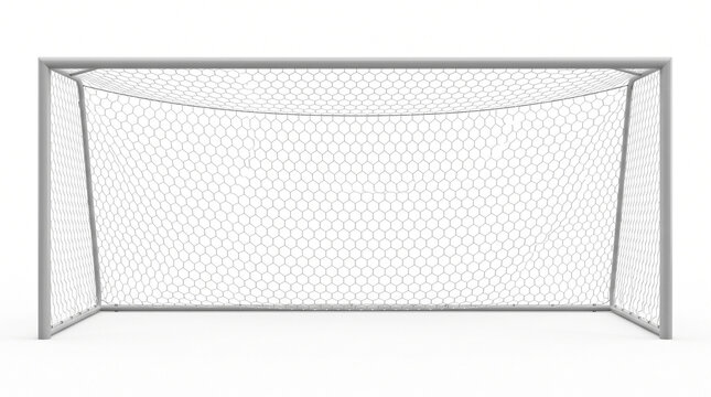 Professional soccer goal with white net isolated on white background