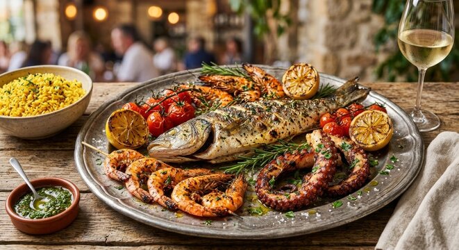Authentic mediterranean grilled fish and seafood feast