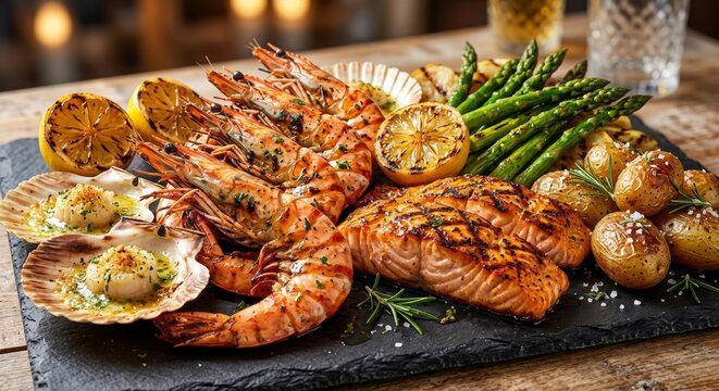 Fresh grilled seafood platter with salmon shrimp and scallops