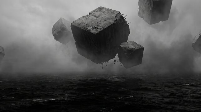 Broken concrete debris floating over ocean surface dark foggy atmosphere cinematic ruin visual design.