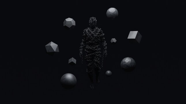 Shadowy figure wrapped in chains floats amidst dark geometric shapes for abstract concept of confinement or mystery.