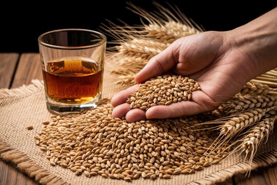 Hand holds raw barley grains next to glass of amber whiskey. Wheat ears and burlap cloth detail origin of spirit. Natural ingredient from farm to bottle.