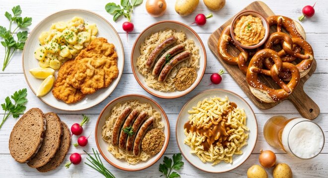 Traditional german cuisine feast with sausages and pretzels