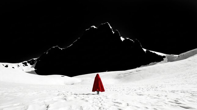 Red-hooded figure standing in vast snowfield facing dark, rugged mountain under black sky.
