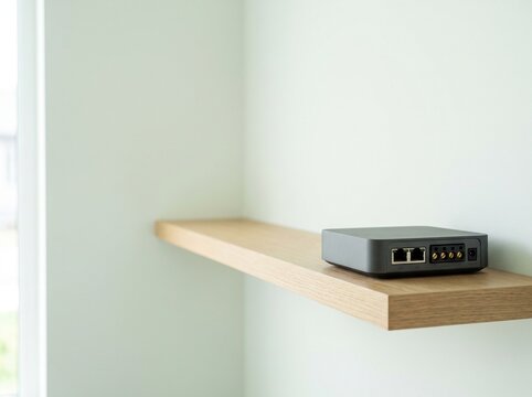 Modern wireless router on wooden shelf, smart home internet gateway device, minimalist networking hardware in bright interior