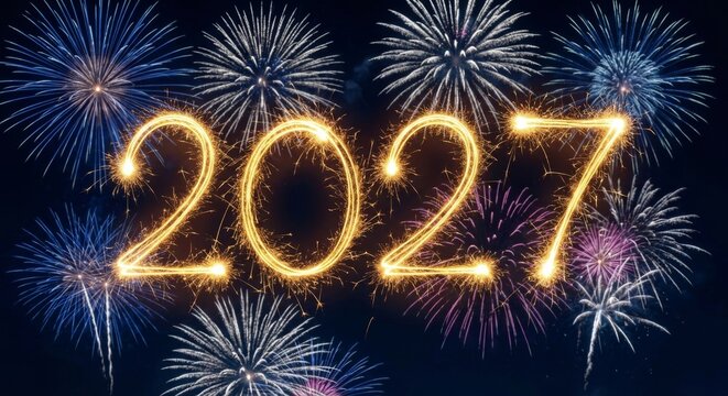 Happy new year 2027 celebration with golden sparklers and fireworks