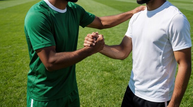 Two male soccer players in green, white jerseys shake hands on grass pitch. Athletes show sportsmanship, respect after competitive football match. Pro teammates greet with fair play gesture on green