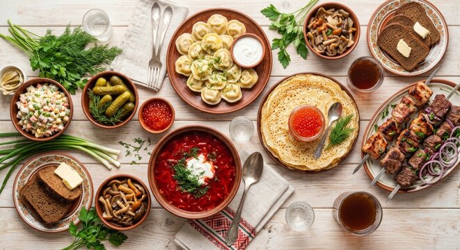A festive spread of traditional russian and slavic dishes