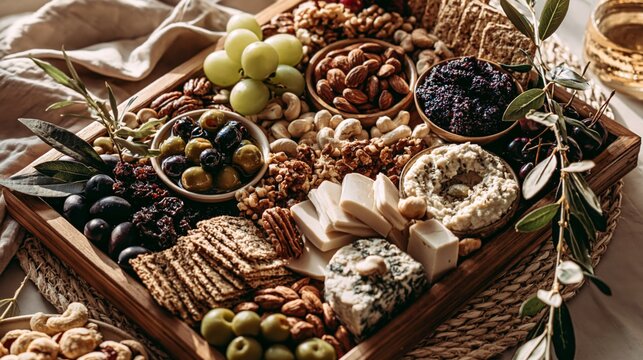 Vegan charcuterie board with nuts, olives, crackers, fruits, plant-based cheeses, and dips, stylish entertaining concept
