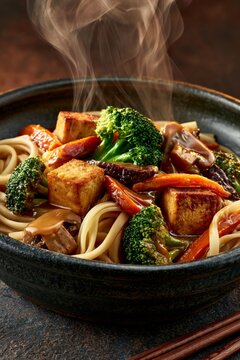 Vegan stir-fry with tofu, broccoli, carrots, mushrooms, and noodles in ceramic bowl, steam rising, cinematic Asian-inspired food photography