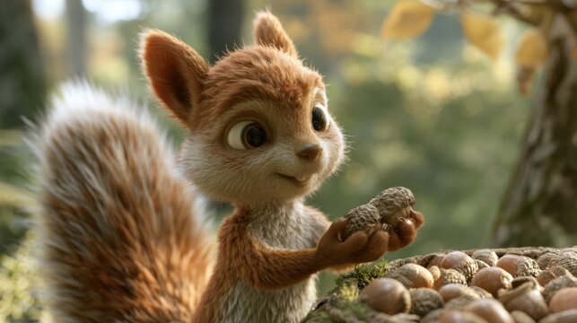 A cute squirrel collects acorns in a wooded area filled with warm sunlight. The character shows joy and excitement while working.