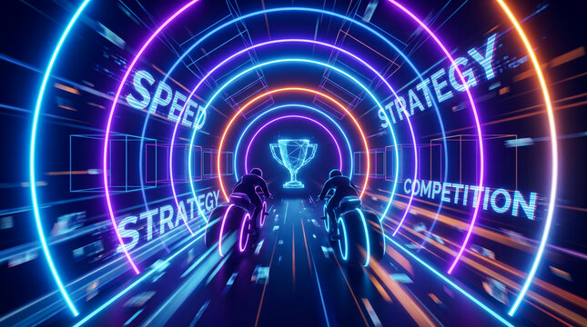 Futuristic digital motorcycle race in a glowing neon tunnel heading toward a trophy with concepts of speed, strategy, and competition