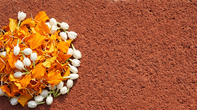 Macro of marigold petals on laterite stone for Pookalam