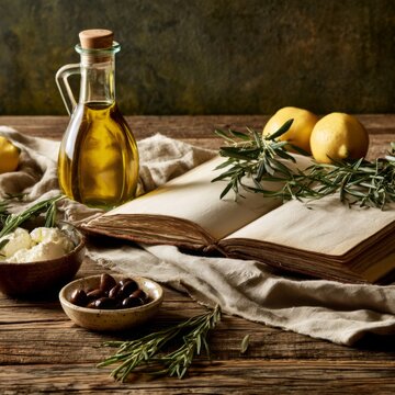 Open blank cookbook mockup with Mediterranean ingredients on a rustic wooden table, warm kitchen scene for recipe book presentation