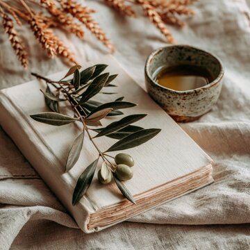 Blank cookbook mockup with olive branch and small ceramic bowl on soft linen fabric, minimalist rustic food branding scene