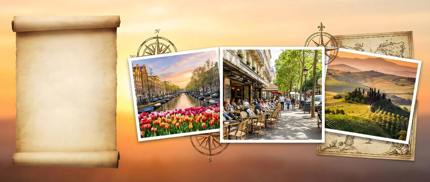 Vintage European travel collage banner with blank parchment scroll for text and photos of Amsterdam, Paris and Tuscany on warm sunset background