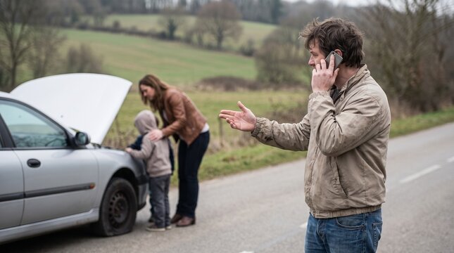 family experiencing car breakdown on rural road
