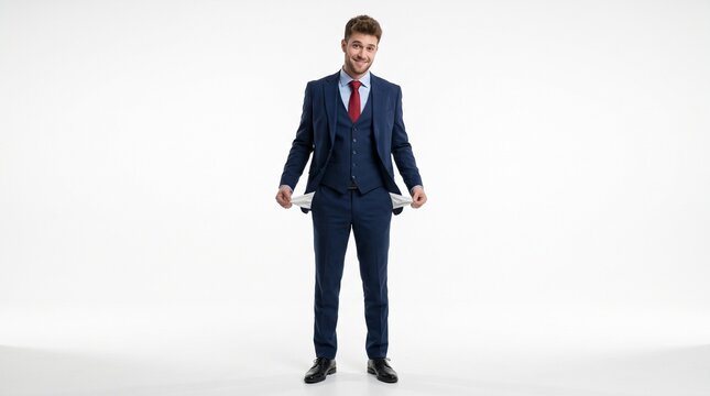 Businessman showing empty pockets representing financial crisis and bankruptcy