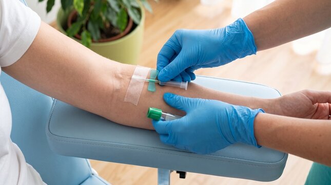 Professional nurse performing blood draw with winged infusion set on patient arm in medical clinic