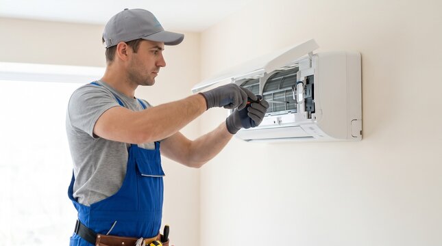 Professional technician repairing wall mounted air conditioner unit in modern residential apartment