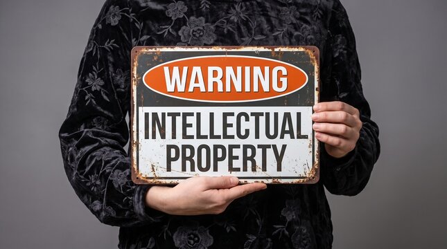 Business professional holding a warning sign about intellectual property protection