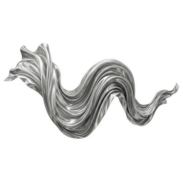 Flowing silver metallic silk fabric waving in the air with dynamic folds and smooth light reflections isolated on a black background isolated on a transparent background