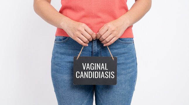 Woman holding sign with text Vaginal Candidiasis for medical awareness campaign