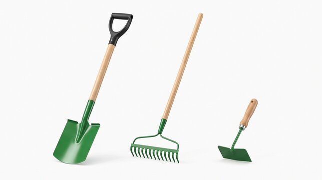 Professional gardening tool set with shovel rake and hoe on white background