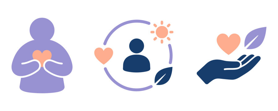 Set of minimalist icons representing mindfulness self care wellness and mental health balance in flat vector style