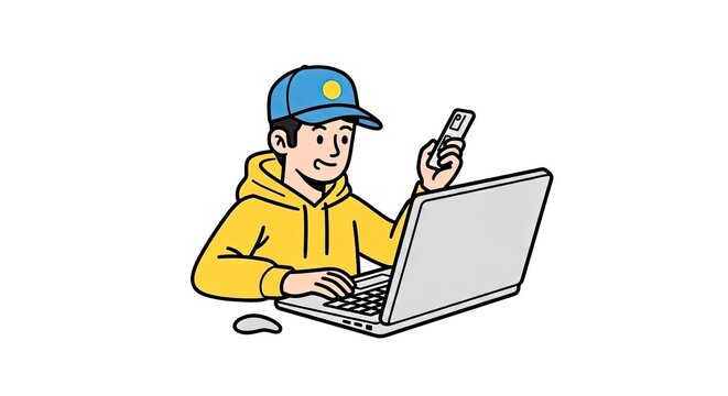 Young Man in Yellow Hoodie and Blue Cap Using Laptop and Mobile Phone, Bold Outline Illustration