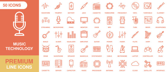 Collection of 50 orange outline music technology icons, including instruments, audio equipment, and electronic components on a transparent background