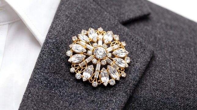 Vintage gold brooch featuring sparkling clear crystals pinned elegantly onto a dark grey wool blazer lapel in bright studio lighting