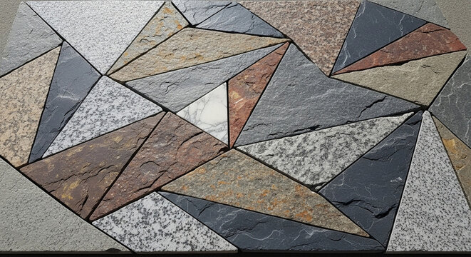 Abstract mosaic pattern with angular stone tiles in gray, beige, and rust tones forming dynamic geometric shapes across the surface