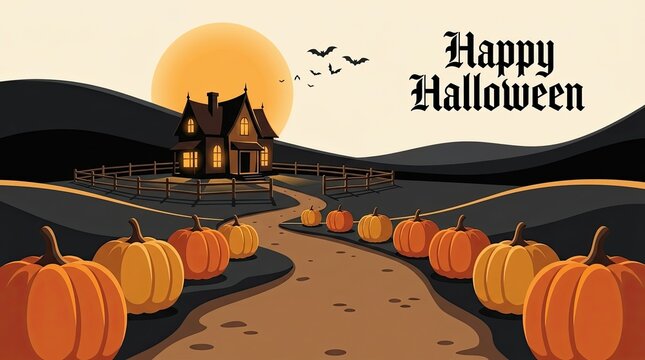 A festive and spooky halloween background featuring a haunted house pumpkin path and a large full moon